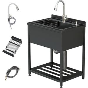 Stainless Steel Utility Sink, 25.7" × 20.7" × 39.5"Freestanding Sink with Cold and Hot Water Faucet,Hoses and Drain Kit for Kitchens, Bathrooms, Garage, Laundry Room
