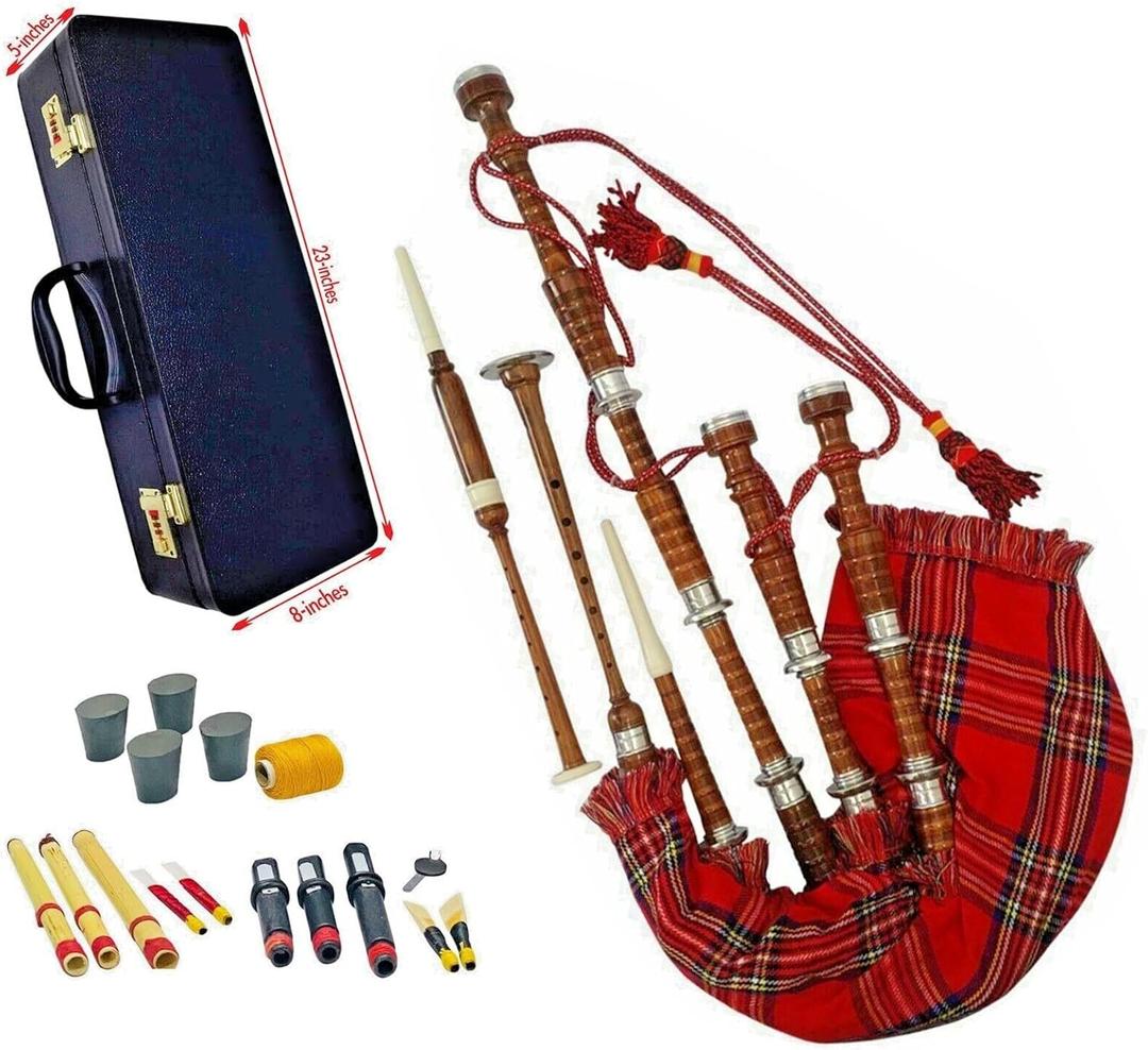 Premium Quality Scottish Great Highland Bagpipes Natural Finish Silver Mounts Royal Stewart Cover with Hard Case Tutor Book Reeds