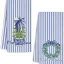 Chinoiserie Christmas Kitchen Towels,Blue Stripes Bow Coquette Christmas Tree Dish Towels,Blue Christmas Hand Towels for Kitchen Bathroom,Grandmillennial Decor,16x24 Inches Set of 2