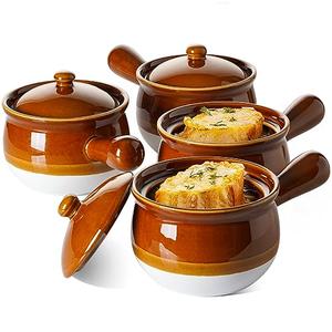 LE TAUCI French Onion Soup Bowls, 22 Ounce Ceramic Soup Bowls with Handles, Soup Crocks with Lids for Soup, Cereal, Chilli, Beef Stew, Oven Safe Stackable Serving Bowls Set, Set of 4
