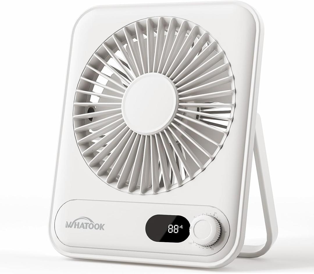 WHATOOK Small Desk Fan Personal Fans: 5000mah 25 Hours Battery Office Quiet Mini Desktop Fan Portable Rechargeable Travel Essentials (White, 2000)