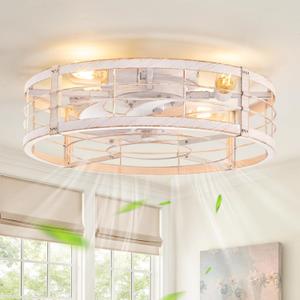 LEDIARY 20" Caged Ceiling Fan with Light and Remote, Low Profile Flush Mount Fandelier, White Gold Bladeless Enclosed Small Fan Lights Ceiling Fixtures, Rustic Farmhouse Style for Bedroom, Outdoor