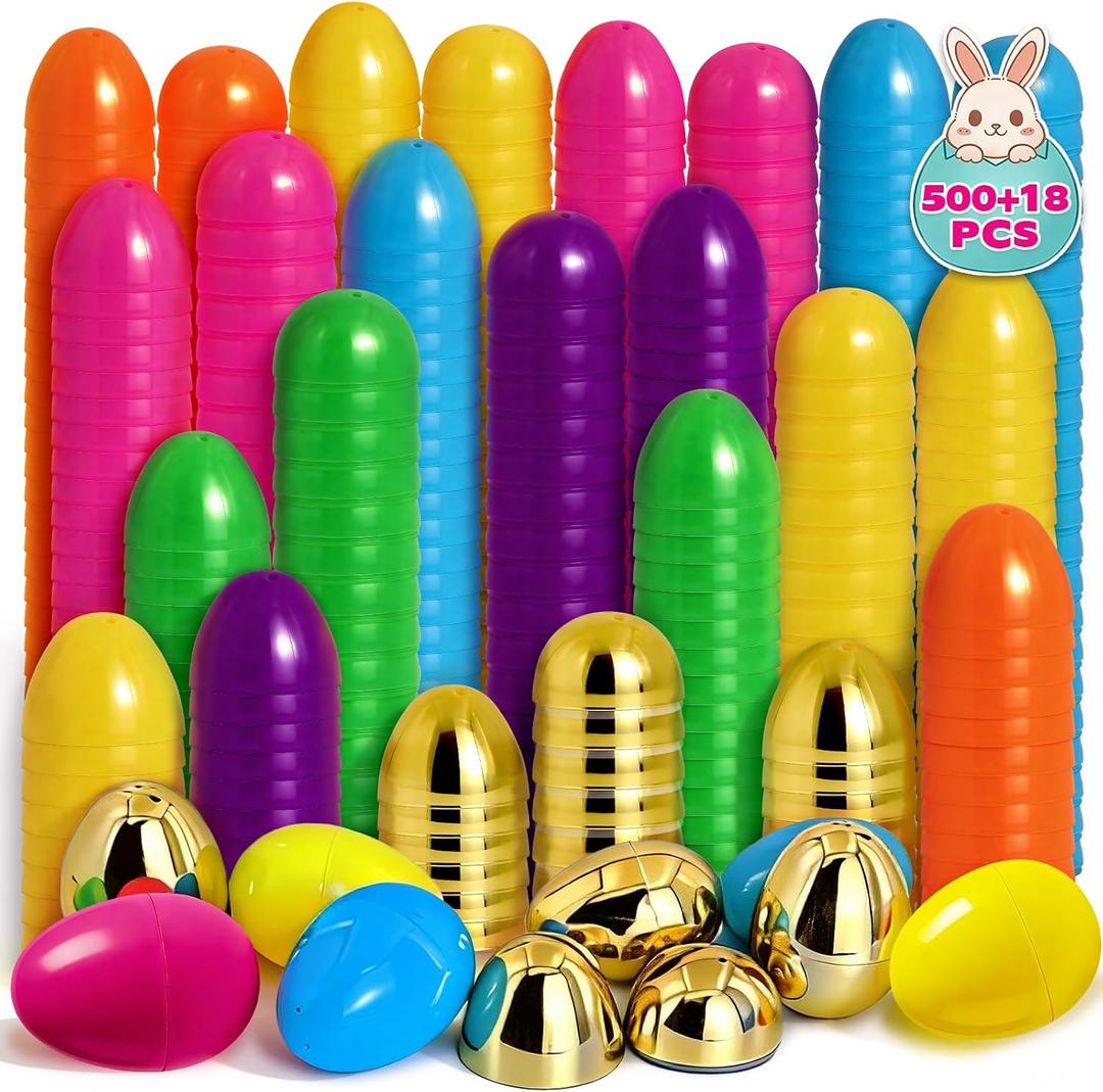 518 Easter Eggs, 2.36" Fillable Bright Colors Plastic Easter Eggs Empty Include 18 Golden Eggs, Easter Themed,Easter Basket Stuffers,Classroom Prize Supplies, 2.36 inches tall, 1.7 inches wide