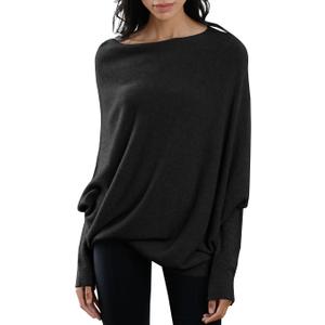 Imily Bela Batwing Boat Neck Sweaters for Women Spring Long Sleeve Soft Knit Loose Baggy Pullover Jumper Top (Large, Black)
