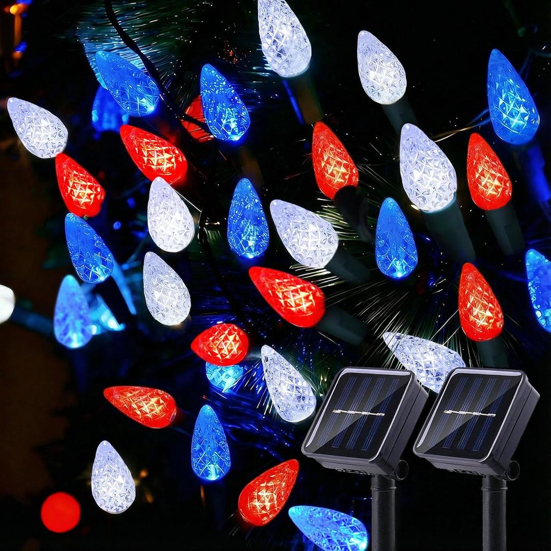 L LAMPOP 2 Pack C6 Strawberry String Lights, 50 LED Red White Blue Solar Powered Waterproof 8 Modes Outdoor Garden Patriotic Lights for 4th of July Decor