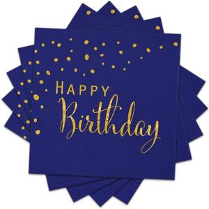 DYLIVeS Happy Birthday Napkins, Blue and Gold Foil Dots Napkins Disposable Paper Napkins for Dinner Picnic Cocktail Birthday Party Supplies Decorations for Boy Man, 6.5 x 6.5 Inch (Pack of 50)