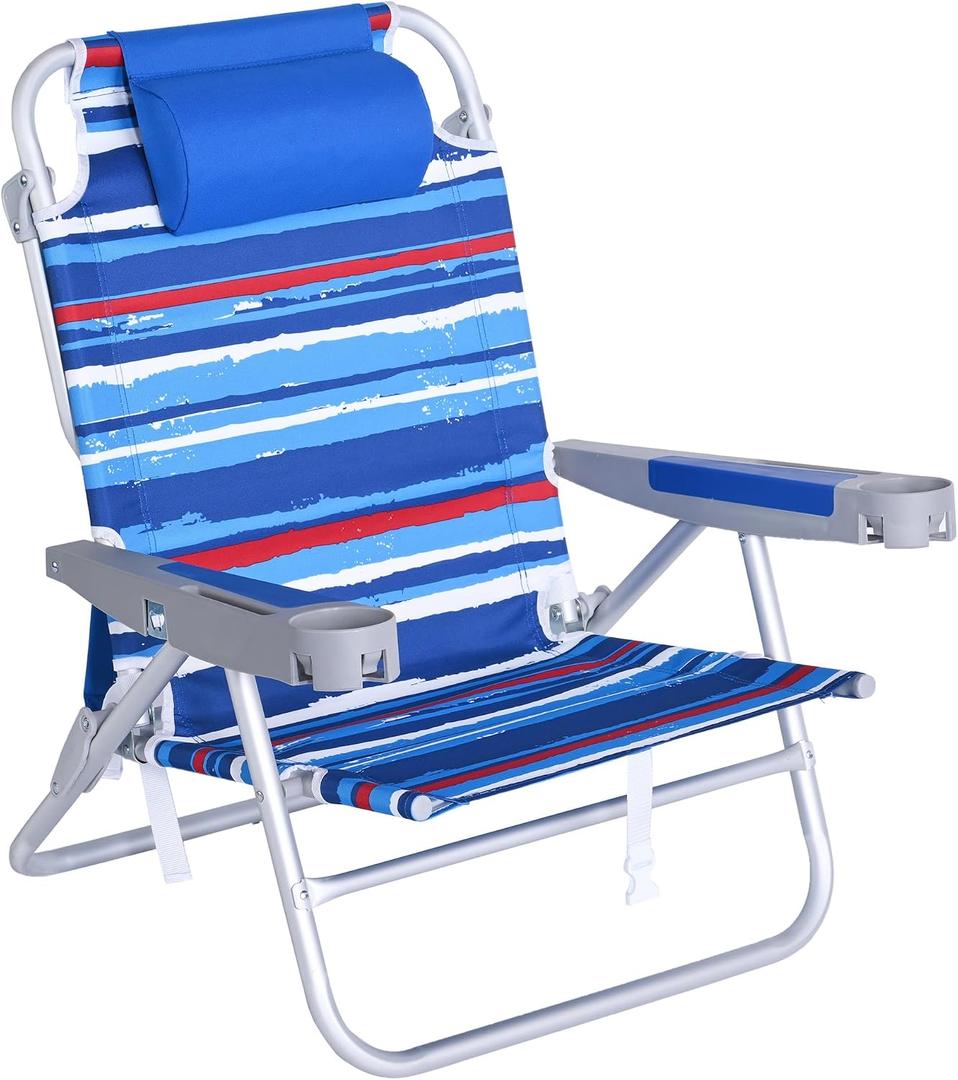 SUNNYFEEL Extra Wide Low Beach Chair 5 Position Lay Flat 500 LBS Heavy Duty, XL Oversized Portable Folding Camping Chairs with Cup Holder for Outdoor/Trip, Lightweight Backpack Beach Chair for Adults, X-Large