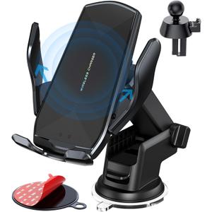 Wireless Car Charger Mount, 15W Qi Fast Charging Auto-Clamping Cell Phone Car Holder Air Vent Windshield Dashboard Long Arm Suction Cup Car Phone Mount for iPhone13 /12/11 Samsung S20/S10/S9/S8 LG (black)