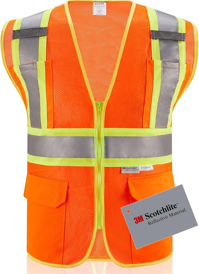 3M High Visibility Reflective Safety Vest with Zipper and Pockets Orange,3XL
