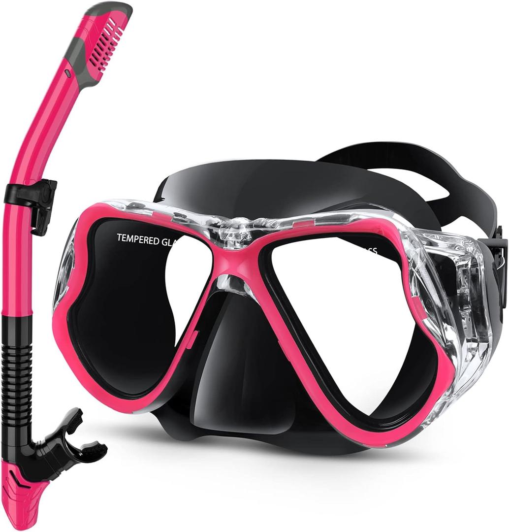 Greatever Dry Snorkel Set, Panoramic Wide View, Anti-Fog Scuba Diving Mask, Professional Snorkeling Gear (Adults, Pink)