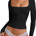 YFANG Women's Sexy Square Neck Long Sleeve Ribbed Kint T Shirts Casual Solid Slim Fitted Going Out Tops Black Medium (Black, M)