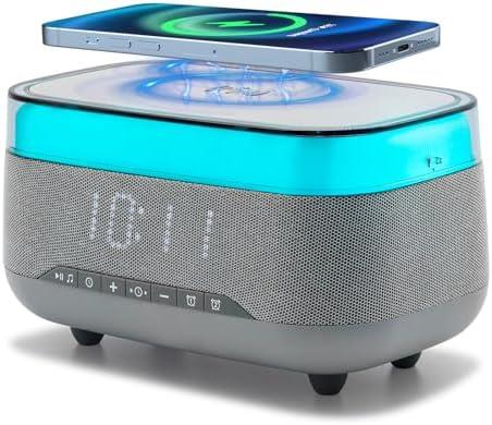 PRIBUY Smart Alarm Clock with 15W Fast Wireless Charger & Bluetooth Speaker - Dual Alarm, Dimmable Display, Touch Bedside Lamp, Nightstand Clock for Bedroom, Office, Home, Grey