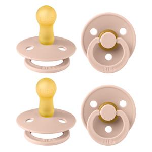 BIBS Colour Pacifier 4-Pack, BPA Free Dummy Pacifier, Round Nipple. Natural Rubber Latex, Made in Denmark, Size 2 (6-18 Months), Blush