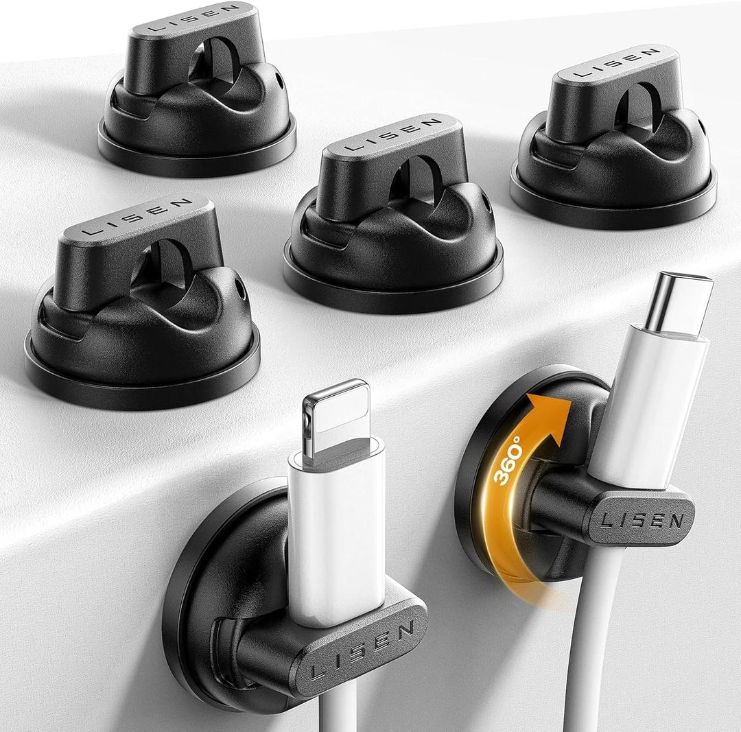 6-Pack Rotatable Cord Holder for Nightstand, LISEN 360Rotating Magnetic Clips, No-Residue Strong Adhesive Cord Organizer for Desk, Phone Cord Holder for Home, Car, Office Desk Accessories (Black)