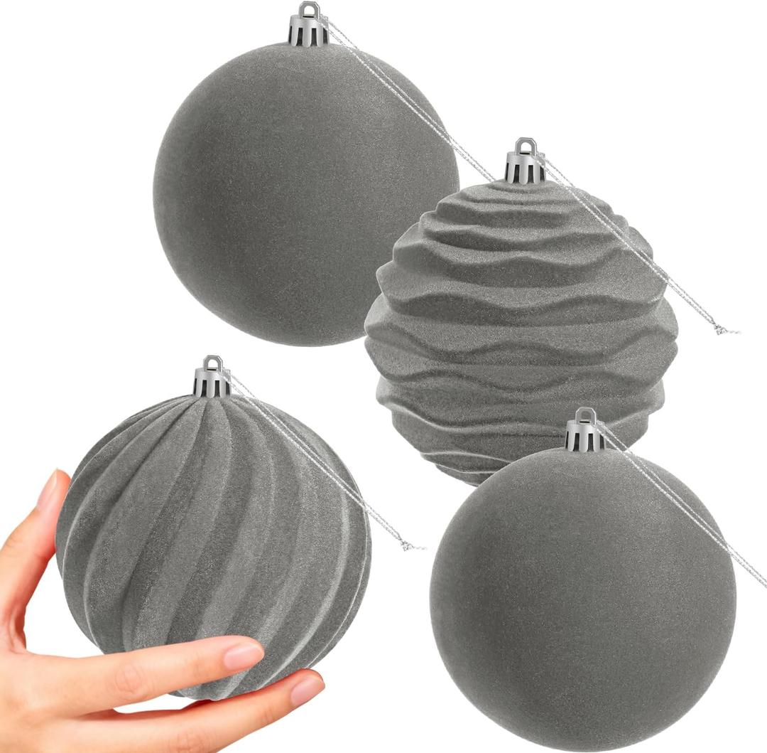 Artmag 4 PCS Large Velvet Christmas Balls Ornaments Shatterproof Hanging Set Flocked for Xmas Tree Holiday Party Decorations (Grey,4 Inch)