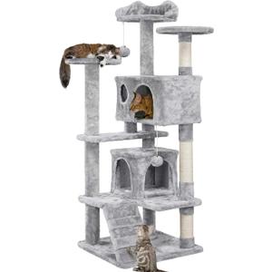 Yaheetech 54in Cat Tree Cat Tower w/Scratching Posts, Double Condos and Dangling Balls Kittens Pet House Play, Light Gray