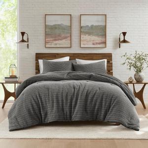 Woolrich King Comforter Set Cotton Waffle Pre-Stone Washed, Oversized Comforter, All Season Down Alternative Overfilled Comforter, Lyon, King/Cal King Charcoal 3 Piece