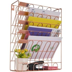 Spacrea Hanging File Holder Organizer - 6 Tier Wall Mount File Organizer for Women, Hanging Wall File for Office, School or Home, Rose Gold