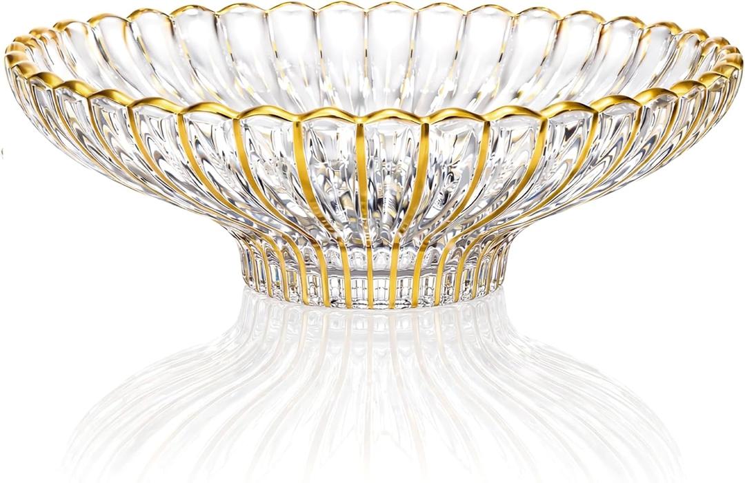 Gold Large Decorative Bowl 12'' Hand-painted Ruffle Decorative Bowl Glass Fruit Bowls Crystal Key Bowls Modern for Counter Home Decoration Table Centerpiece Kitchen Dining Room(Flat)