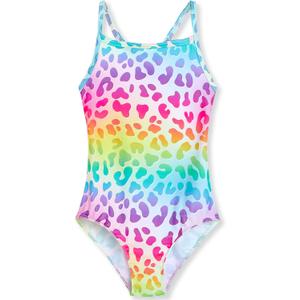 TENVDA Girls One Piece Swimsuits Sport Halter Swimwear Beach Bathing Suit (6-7 Years, Rainbow Leopard)