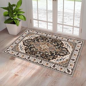 Washable Entryway Rug 3x5 | Non Slip Rug Runners for Hallways, Entryways, Kitchens, Bathrooms, Bedrooms | Ultra-Soft Flannel Carpet Kitchen Rug with Rubber Backing (Cream Black Brown, 3x5)