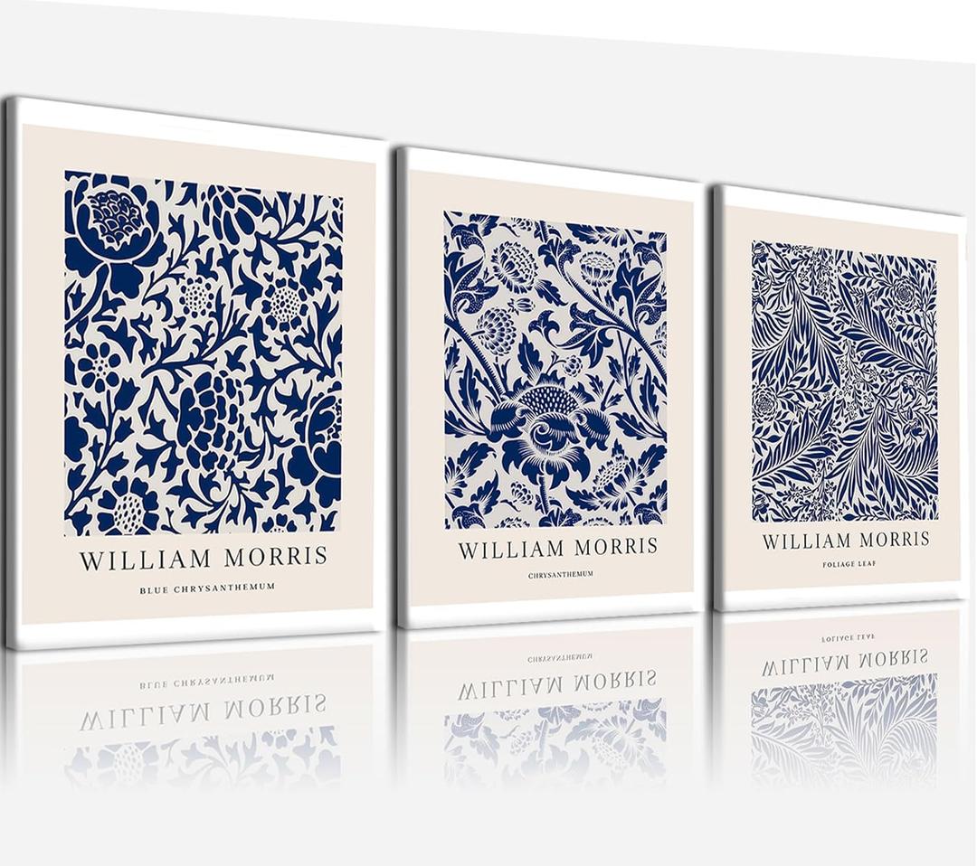 3 Pcs William Morris Floral Canvas Wall Art, Blue and White Botanical Poster Prints, Vintage Gallery Wrapped Wall Decor for Living Room Bedroom Bathroom Studio, 16x24 Inch Ready to Hang