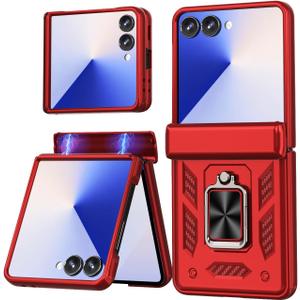 for Samsung Galaxy Z Flip 7 Case with Hinge Protection and Metal Ring Magnetic Kickstand, Heavy Duty Full-Body Military Drop Shockproof Protection Cover for Samsung Z Flip 7 5G Phone Case (Red)