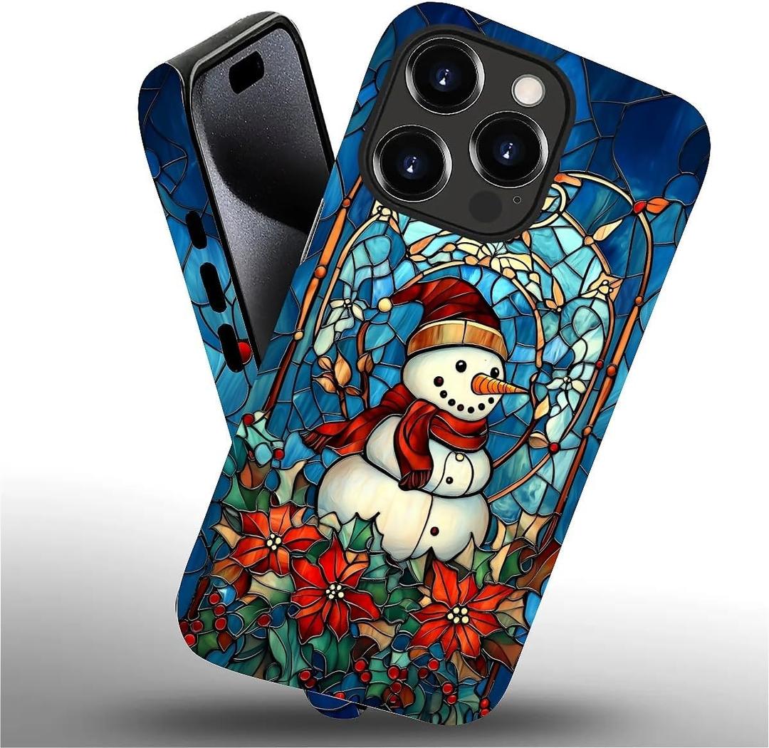 Compatible with iPhone 15 Pro Case,Christmas Snowman Glass Pattern 2 in 1 Double Protection,Anti-Scratch Shockproof Christmas Case for iPhone 15 Pro