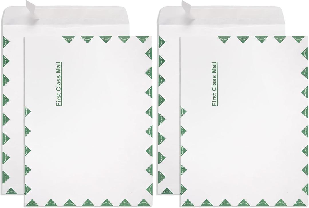 Blue Summit First-Class Tyvek Envelopes, 100 10 x 13 Peel & Seal Envelopes, White Tyvek with Center Seam and Green First-Class Markings (Pack of 2)