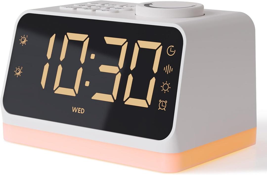 BABELIO Alarm Clock Sound Machine with Sleep Training, 17 Smoothing Sounds, Night Light, Timer, Gentle Wake up for Bedrooms, Adults, Kids and Baby (Lark, White)
