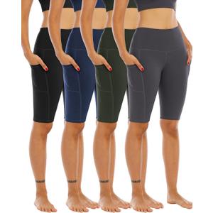WHOUARE 4 Pack Biker Yoga Shorts with Pockets for Women,High Waisted Athletic Running Workout Gym Shorts Tummy Control (Black, XL)