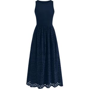 dowerme Women Summer Dresses 2026 Casual Sleeveless Crewneck A-Line Boho Lace Eyelet Cotton Tank Maxi Dress with Pockets, Navy Blue, Large