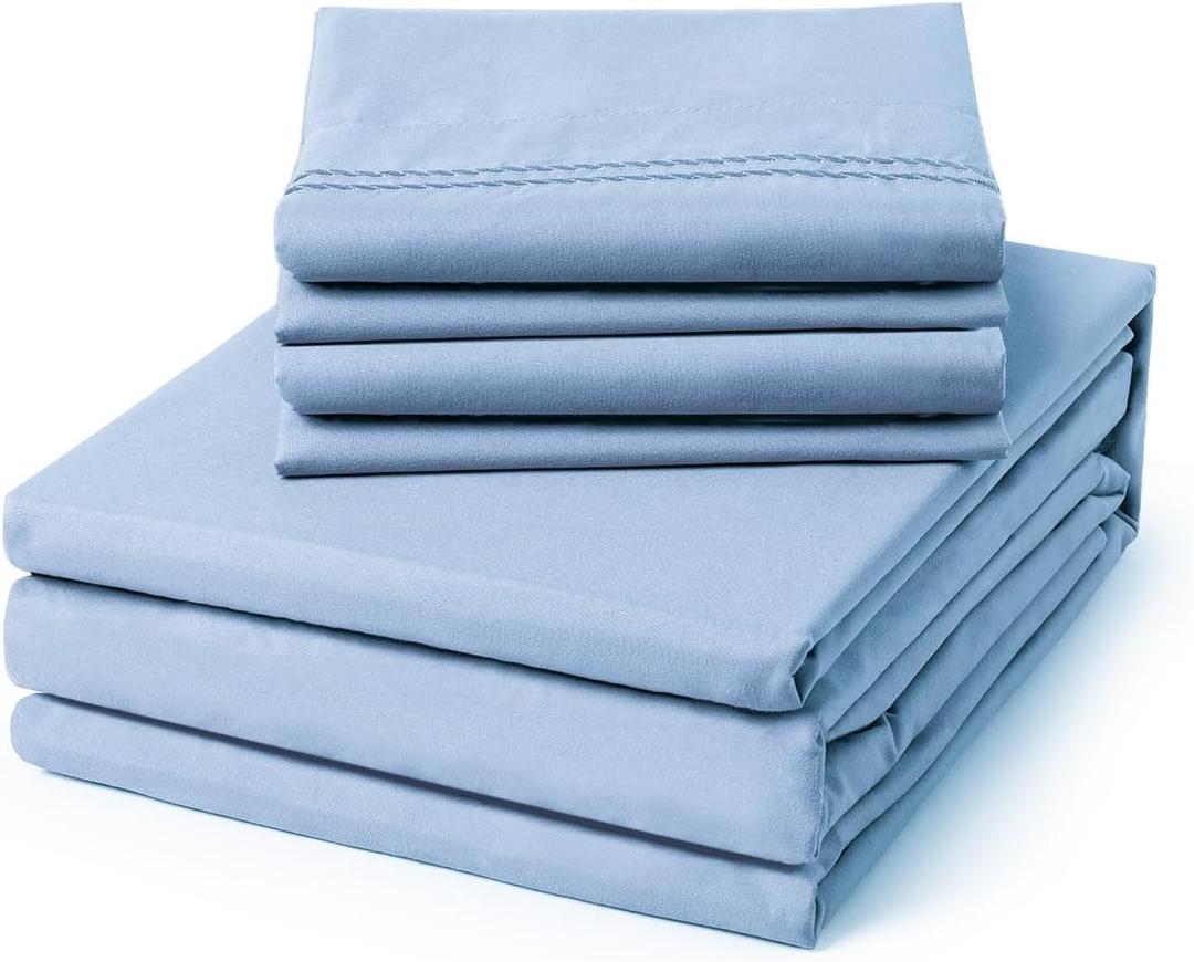 ClevaHome Queen Size Sheet Set - 6 Piece Soft Breathable Luxury Bed Sheet Set - Shrinkage & Fade Resistant Embroidered Bedding Sheet with Deep Pocket, 2 Extra Pillowcases (Queen, Chambray Blue)