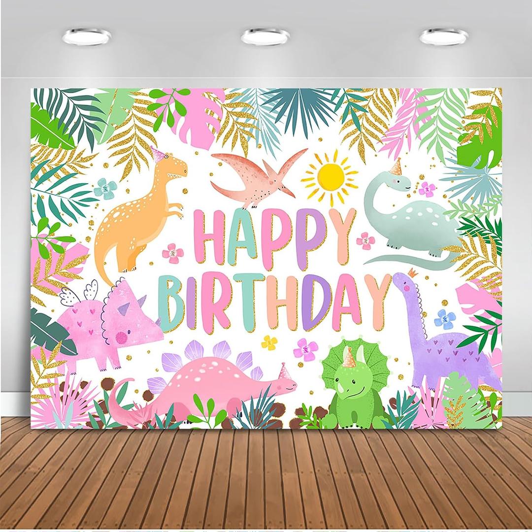 Mocsicka Dinosaur Birthday Backdrop - Cartoon Girl Birthday Background Party Decor - World Banner Theme Party Supplies for Kids, 7x5ft, Multi