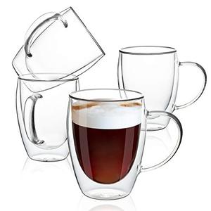 MEWAY 12oz/4 pack Coffee Mugs,Clear Glass Double Wall Cup with handle for Coffee, Tea, Latte, Cappuccino (12 oz，4)
