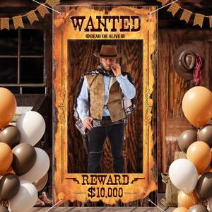 Large Cowboy Party Decoration Western Wanted Photo Banner Fun Frame Banner West Wanted Photo Booth Prop Wild Western Selfie Banner for Wild West Birthday Games Party Retro Rustic Decoration Supplies