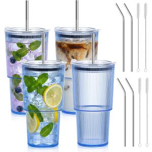 4 Pcs 20oz Acrylic Ribbed Tumblers with Lid and Straws Blue Plastic Reusable Iced Coffee Cups with Lid Unbreakable Vintage Ribbed Drinking Glasses Tumbler for Juice Smoothie Beverage with Clean Brush
