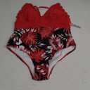 PATPAT Mommy and Me Matching Swimsuit One Piece Leaves Printed V Neck Bathing Suits Family Swimwear Matching Set (Large, Ruby Red)