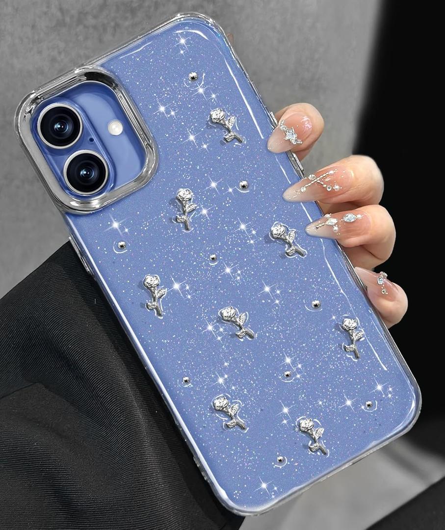 Toycamp for iPhone 16 Plus Case Cute - Women Girly Girls Glitter Phone Cover 16Plus Kawaii Sparkle Bling Shine Aesthetic Pretty Unique Wave Design Funda for Apple 16 Plus, Flower Rose