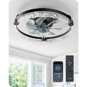 EDISHINE Ceiling Fans with Lights and Remote, 20'' Low Profile Ceiling Fan, 3000-6000K Dimmable, 6 Speeds LED Modern Flush Mount Fan Light, DC Motor, APP Control, Black Fandelier for Bedroom, Kitchen