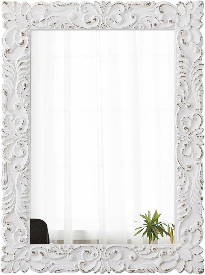 Vintage Floral Rectangle Mirrors for Wall 31 X 23 Inch, Hanging Distressed White Carved Wood Frame Flowers Bathroom Mirrors for Over Sink, Glam French Country Mirror, Horizontal or Vertical