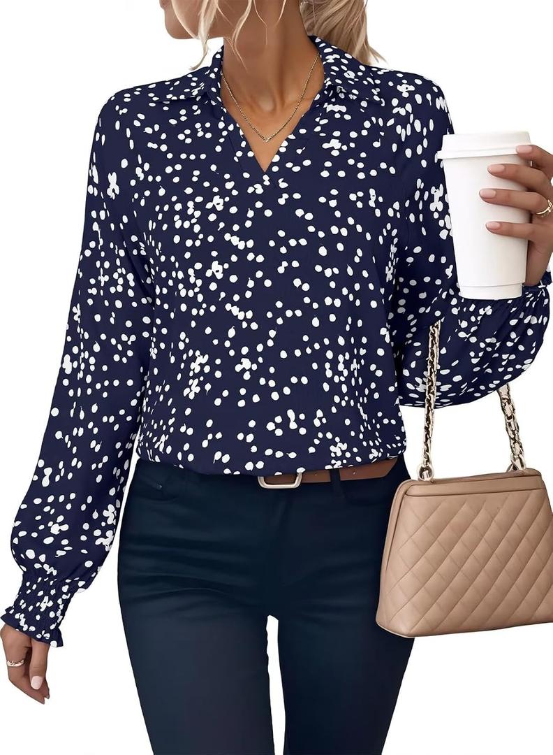 Astylish Women's Trendy Polka Dot Alicia Floral Blouses Long Sleeve Shirts Chiffon V Neck Bohemian Collared Tops (XXL)