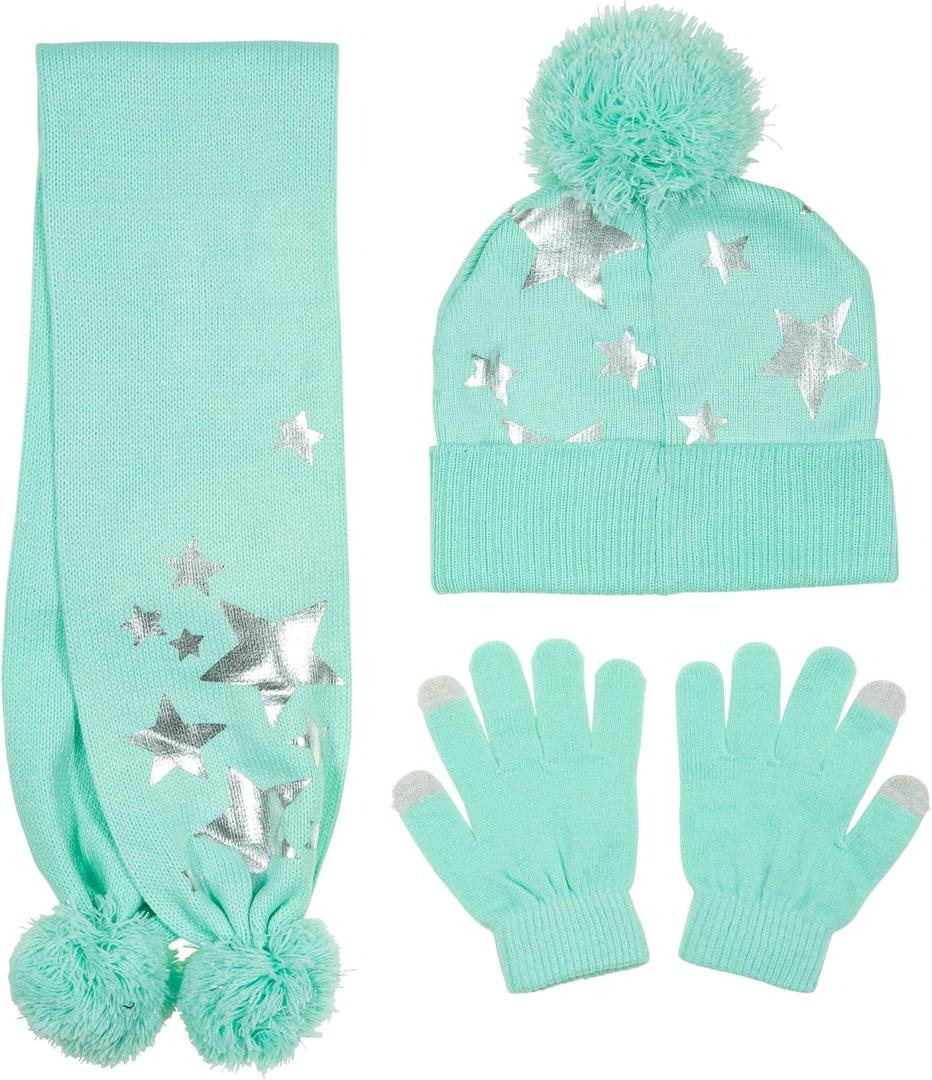 PEAK 2 PEAK Girls 3-Piece Beanie Hat, Scarf & Glove Set  Warm Winter Matching Accessories with Pom-Poms (Foil Stars)