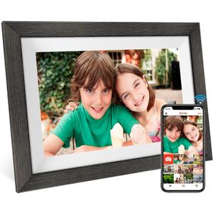 Frameo 10.1 Inch WiFi Digital Picture Frame1280 * 800IPS HD Cloud Smart Digital Photo Frame,32GB Storage, Wall Mountable, Auto-Rotate,Easy to Share Photos or Videos via FRAMEO APP Wood Frame (Black and white)