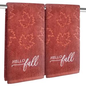 2 Pcs Hello Fall Hand Towels for Bathroom 100% Cotton Jacquard Embroidered Autumn Maple Leaves Terracotta Rust thanksgiving bath towels bathroom kitchen towels decorative gift Holiday Home Decor