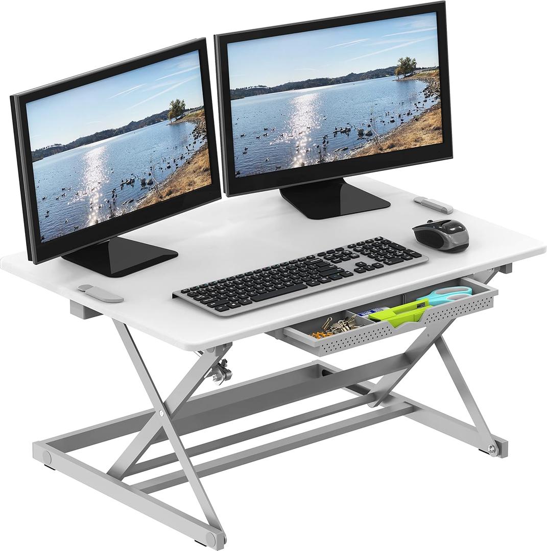 SHW 32-Inch Height Adjustable Standing Desk Converter Riser Workstation with Drawer, White SHW 32-Inch Height Adjustable Standing Desk Converter Riser Workstation with Drawer, White