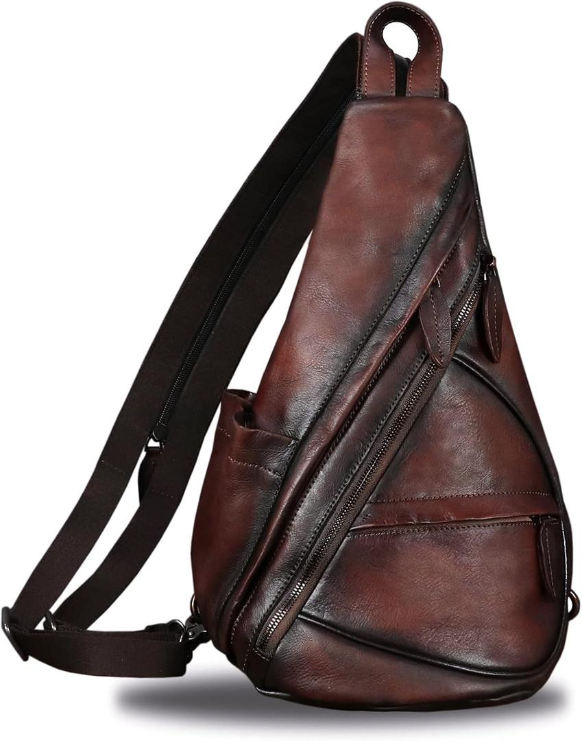 Genuine Leather Sling Bag for Men and Women - Vintage Sling Backpack Shoulder Crossbody Chest Bag for Ipad (Lightcoffee)