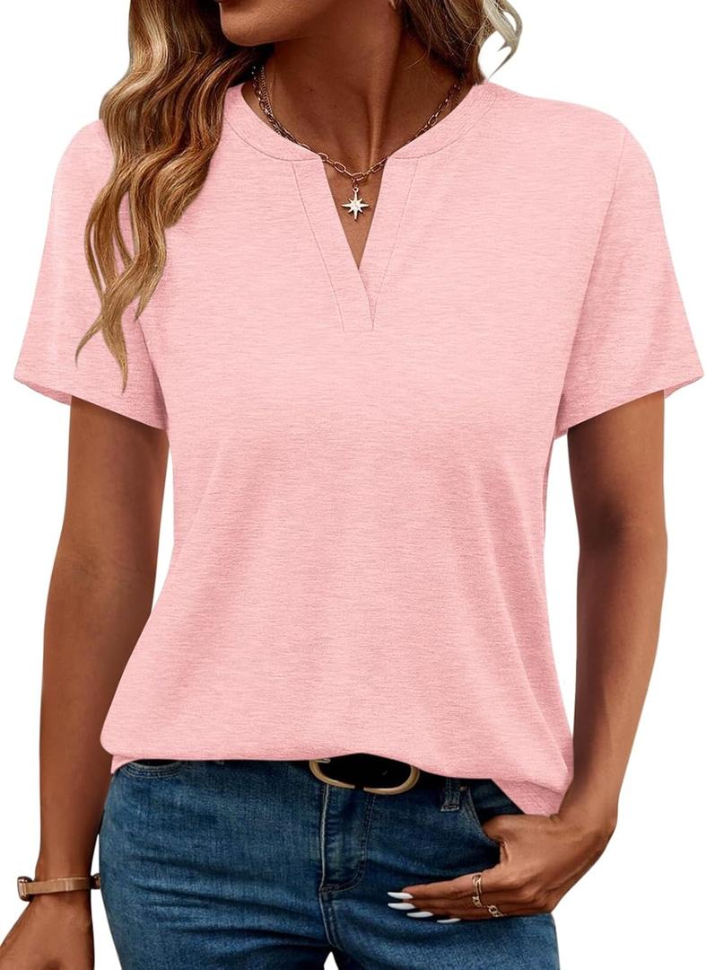 TICTICMIMI Women's V Neck Short Sleeve Tops Summer T Shirts Loose Fit Dressy Tees (Pink, Small)