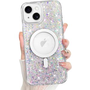 Bonoma for iPhone 14 Case Sparkly Glitter Bling Back, Magnetic Support for MagSafe Shockproof, Crystal and Clear High-Duty Protection for Girls Women-Sparkly Glitter