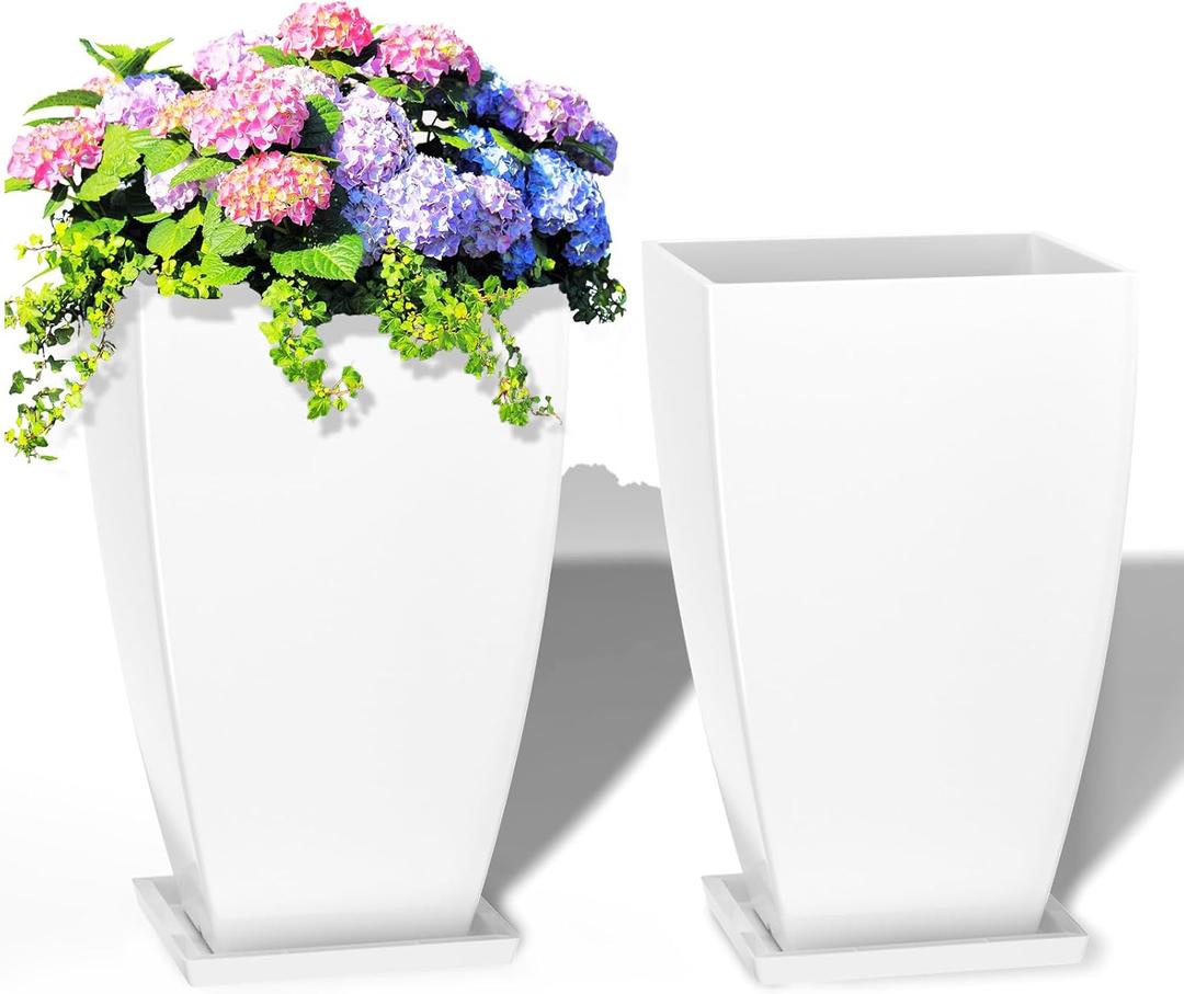 FIASON Large Square Tall Planters - 21'' Lightweight Flower Pots with Drainage Design for Indoor/ Outdoor (White, 2 Set)
